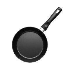 Perfectly clean round black non-stick frying pan with sleek black plastic handle, isolated against a bright transparent background with copy space, concept of healthy cooking and minimalism
