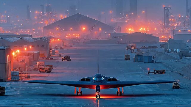 A twilight view of a desert airbase reveals maintenance crews tending to drones and armored transports.