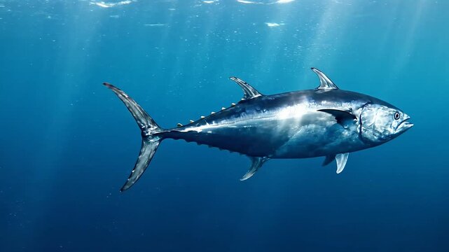 A large tuna fish swimming gracefully in the deep blue ocean waters, capturing the wild essence of marine life and underwater exploration