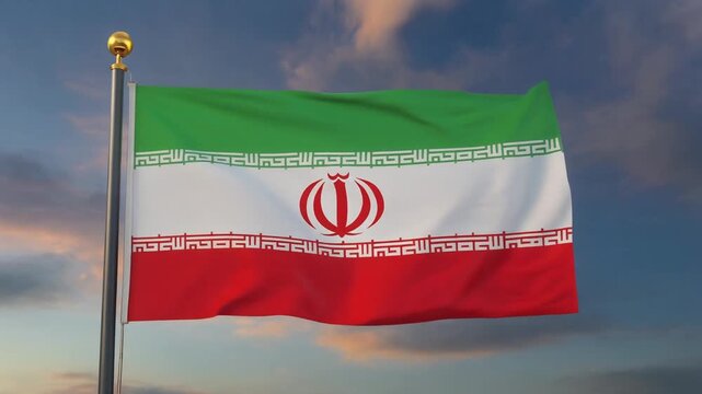 Majestic Iranian flag waves at golden sunset, symbolizing unity, resilience, heritage, and hope, radiating strength, pride, and cultural identity across the horizon with glowing clouds.