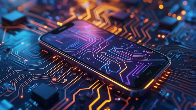 "A modern smartphone rests on a glowing circuit board, its screen mirroring digital pathways, symbolizing innovation, connectivity, and the seamless integration of mobile technology with electronics."
