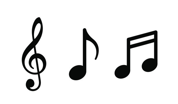 Three black musical notes on a, including a treble clef and two eighth notes