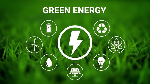 Green energy concept with ecological icons over vibrant green background