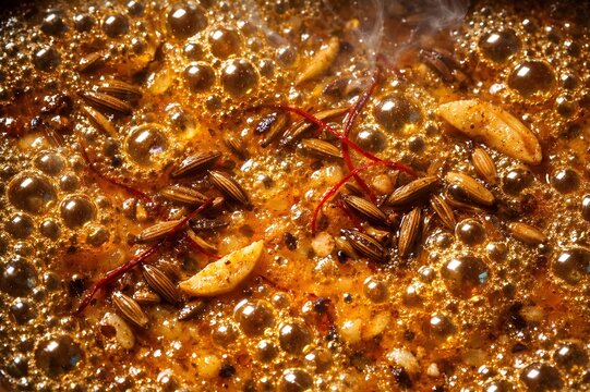 Macro top view of simmering tarka dal with spices