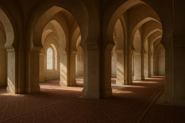 Mosque interior arch corridor column prayer carpet, warm sunlight through lattice window creating soft shadow and spiritual calm inside Islamic worship hall with repeating vault