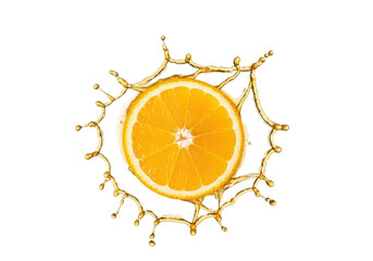 Pristine, translucent orange slice with succulent pulp suspended mid-air, explosive juice burst against a transparent background, concept for beverage advertising