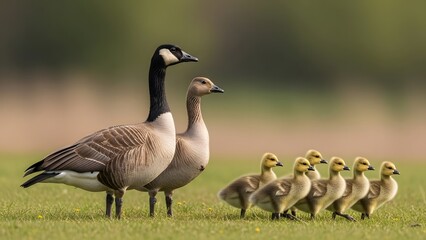Obraz premium Mother's day tribute with family of canadian geese in nature