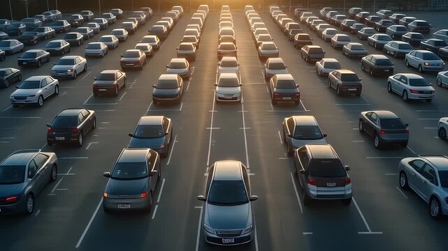 Aerial view of a large car park with many vehicles parked in parallel rows. The setting sun casts a warm glow over the scene