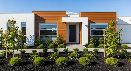 Modern Luxury Real Estate Architecture: White and Wood Exterior Building for Property Sales, Agent Listings, and Architectural Visualization