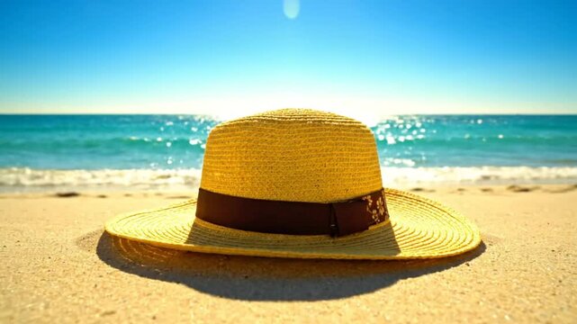 Bright sunny day at the beach with a yellow straw hat on the sandy shore facing the ocean under a clear blue sky