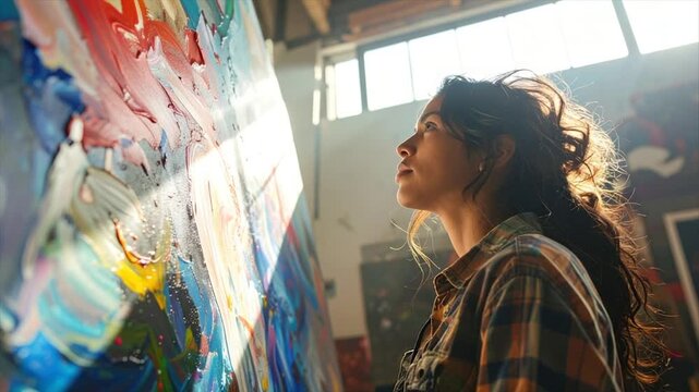 A woman gazes at a colorful abstract painting in a sunlit art studio, contemplative
