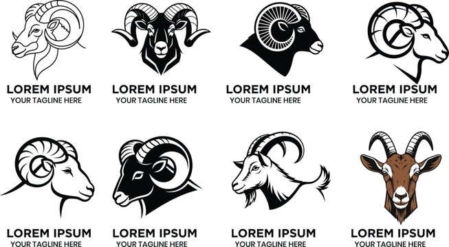 Collection of various goat and ram head logos and icons in different styles and colors 