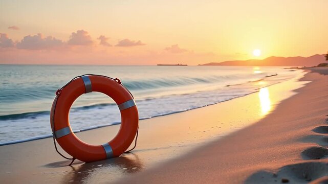 lifesaver ring lying on sandy beach washed by gentle wave closeup summer vacation concept tourism leisure seaside travel