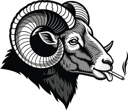 Illustration of a rams head with a cigarette in its mouth and a humorous expression