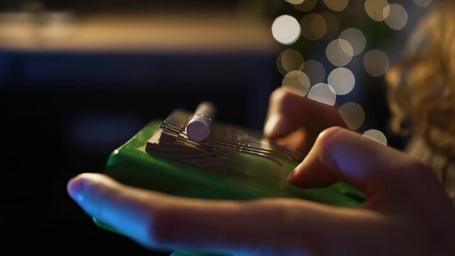 Woman's hands play a green kalimba, also known as a thumb piano, with christmas lights twinkling in the background, creating a festive and musical atmosphere