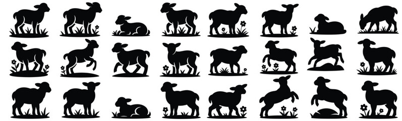 Obraz premium Easter lamb pasture silhouette illustration set, cute sheep grazing, jumping and lying down collection isolated