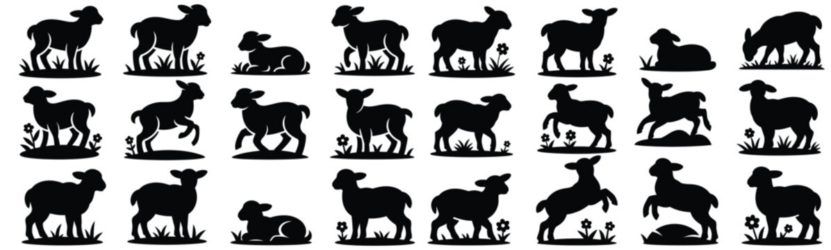 Easter lamb pasture silhouette illustration set, cute sheep grazing, jumping and lying down collection isolated