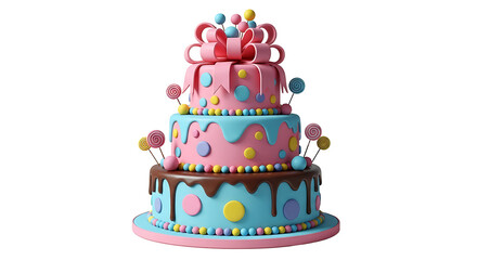 Colorful birthday cake with gift box and balloons isolated on transparent background