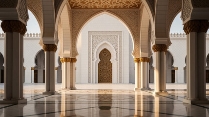 Mosque architecture arch column courtyard marble pattern symmetry, ornate Islamic geometric design framing carved doorway, golden capital, serene empty prayer hall in daylight