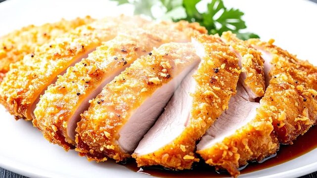 Deliciously sliced breaded chicken cutlet served on a white plate with sauce and garnish.