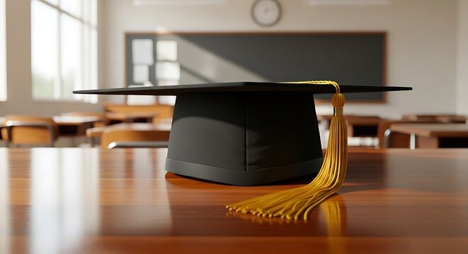 Graduation cap on wooden desk in empty classroom with sunlight and blackboard in background
