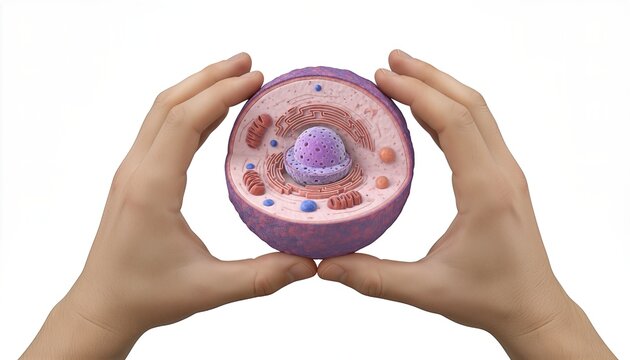 Close-up of human hands holding a detailed 3D cell model, showcasing cellular structure.