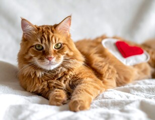 Fototapeta premium A ginger cat lies on a white sheet with a heart on its side