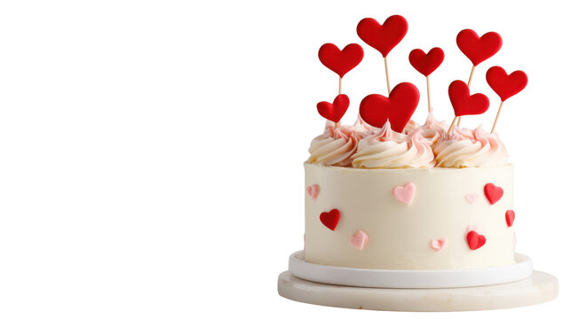 Romantic Valentine cake decorated with red heart toppers and creamy frosting dessert concept for love celebration holiday photography marketing on White background