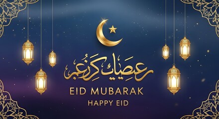 Eid mubarak greeting card with lanterns and crescent moon