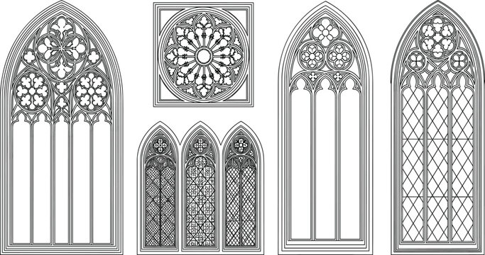Hand drawn gothic window illustrations featuring cathedral arches ornate tracery rose windows medieval church architecture black and white line art decorative historic design