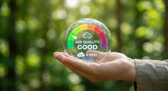 Hand holding glass sphere with air quality good indicator and CO2 zero ppm text in forest