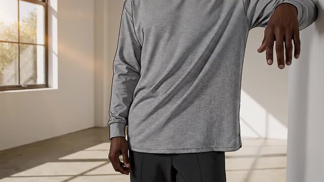 A Man Showcasing Versatile Long Sleeve T-Shirt Styles in a Modern, Bright Interior Setting
