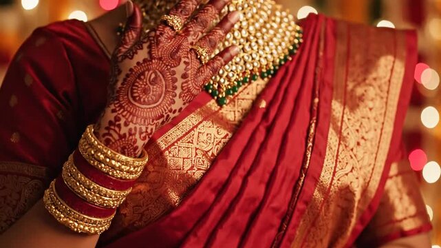 Womans hands adorned with intricate henna and gold jewelry close up