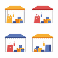 Obraz premium Four colorful market stalls filled with shopping bags and boxes displaying products for sale