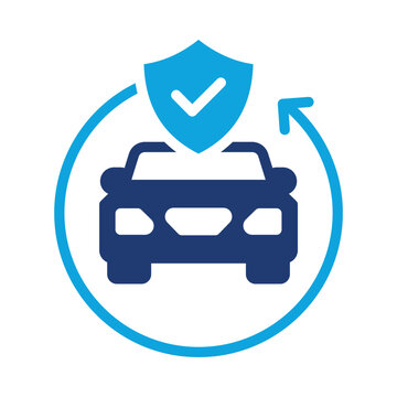 Car insurance and protection concept with a shield and checkmark icon, symbolizing safety and continuous coverage for vehicles.