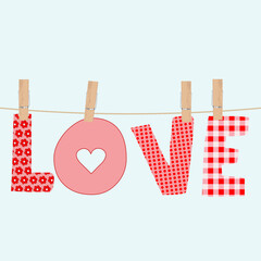 Colorful love word on clothes pegs,patterned letters clipped to a rope.eps