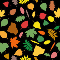 Different shapes of colorful leaves silhouette, seamless pattern on black background.eps