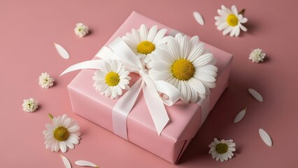 Obraz premium Beautiful mother's day gift box with daisies and ribbon on pink background