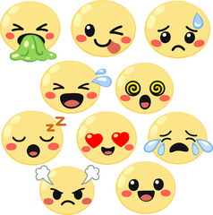 Fototapeta premium Cute Yellow Emoji Faces Set with Various Emotions 