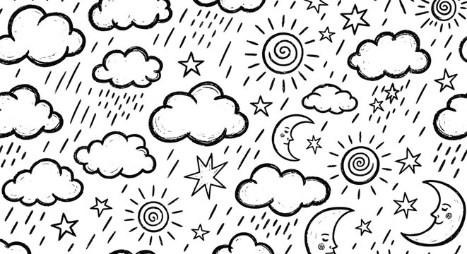 A whimsical black and white illustration of various weather and celestial elements in a playful pattern
