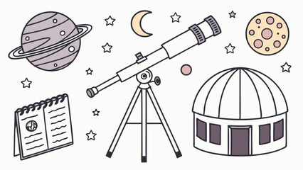 Astronomy Education Design Featuring Telescope Observatory Planet Moon Calendar for Science Learning and Space Exploration Websites