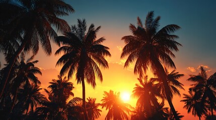 Fototapeta premium Tropical Paradise at Sunset: A breathtaking sunset casts a warm glow over a grove of swaying palm trees, painting the sky with vibrant colors and creating a scene of tropical bliss.