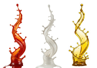 Obraz premium Three photorealistic, perfectly frozen splashes of viscous red, white, and yellow liquids with dynamic swirls and droplets on a transparent background. Concept of culinary creativity and freshness