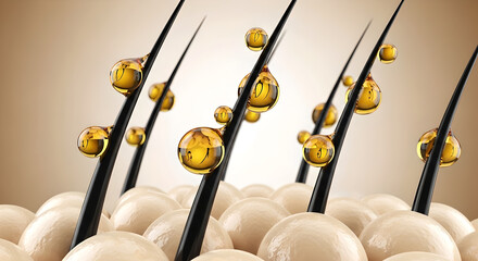 Viscous golden serum drops coating dark hair strands emerging from luminous hair bulbs, highlighting intensive hair conditioning.