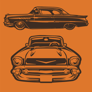  Retro Automotive Art Front and Side View of a '57 Chevy Style Car Silhouette.