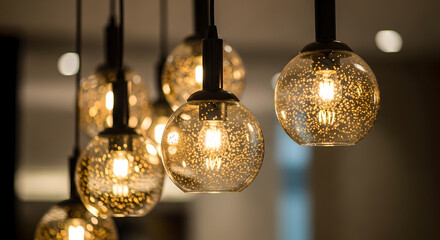 Modern pendant light fixtures with glowing Edison bulbs and sparkling glass shades, creating a warm and inviting atmosphere in a stylish interior.