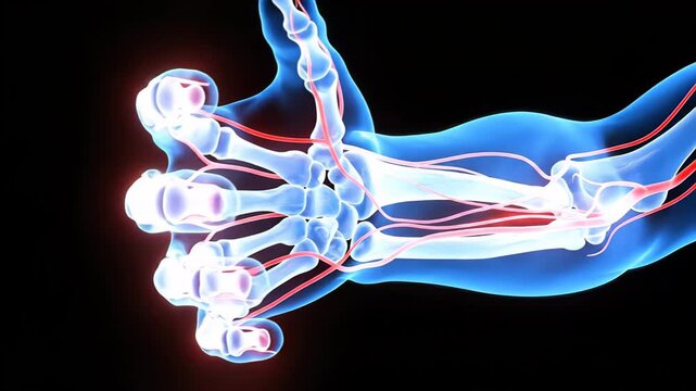 3d anatomical illustration of human hand and arm with visible bone structure and circulatory system, suitable for medical education, healthcare presentation, biology study, and scientific research.