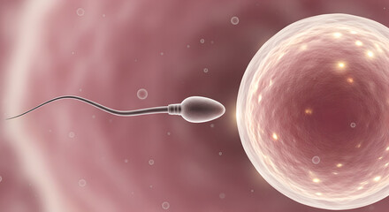 Detailed 3D illustration of a single sperm cell approaching a large, glowing egg cell, representing fertility and the miracle of conception in a medical context.