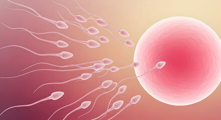 Microscopic view of sperm cells swimming towards an egg cell, symbolizing fertilization, conception, and the beginning of life in a vibrant, abstract style.
