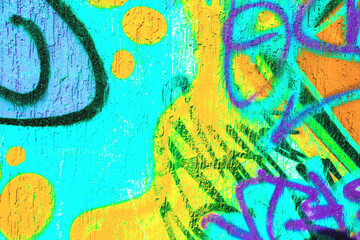 Naklejka premium Abstract bright graffiti with turquoise, yellow, orange, purple colors. 90s, Y2K style, fluorescent glow, street art texture. Posters, flyers background, creative banner, summer visuals, web site.